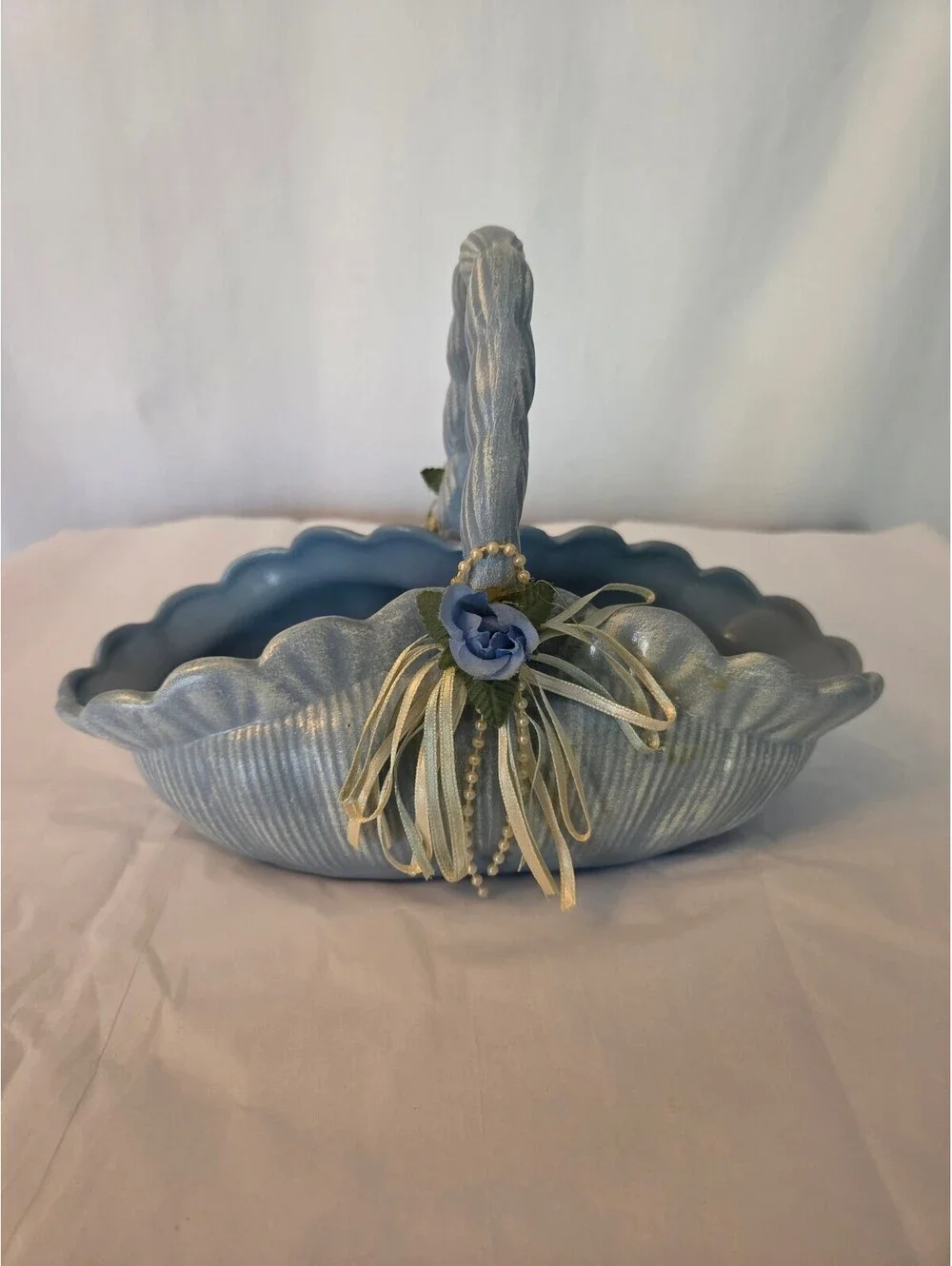 Vintage Blue Decorative Basket with Floral Accents